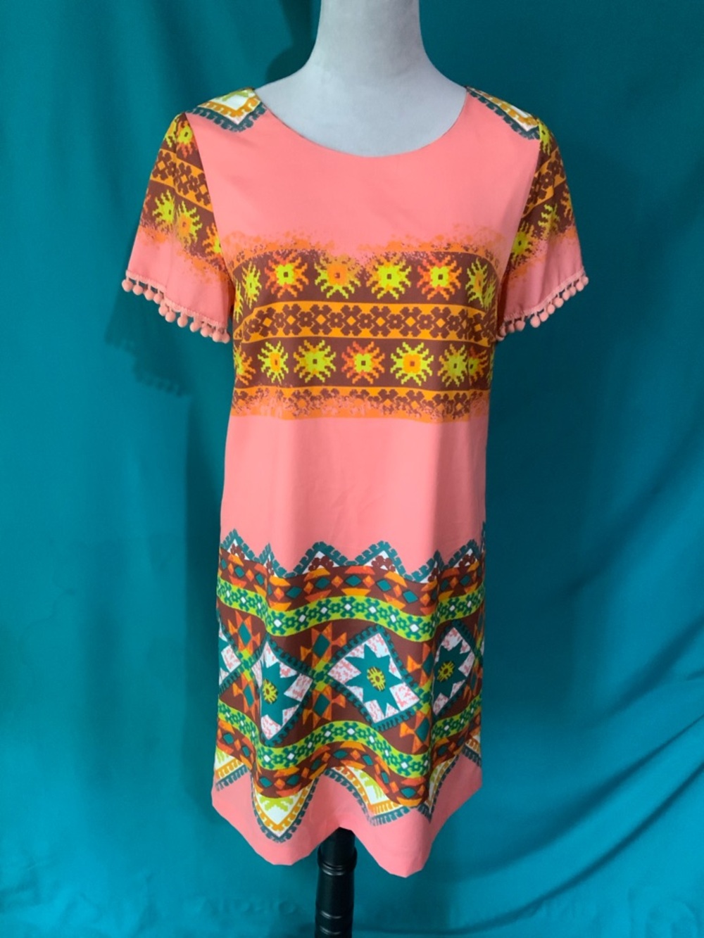 Uncle Frank Pink Boho Aztec/Geometric Patterned Shift Mini Dress w/Pom Pom Trim